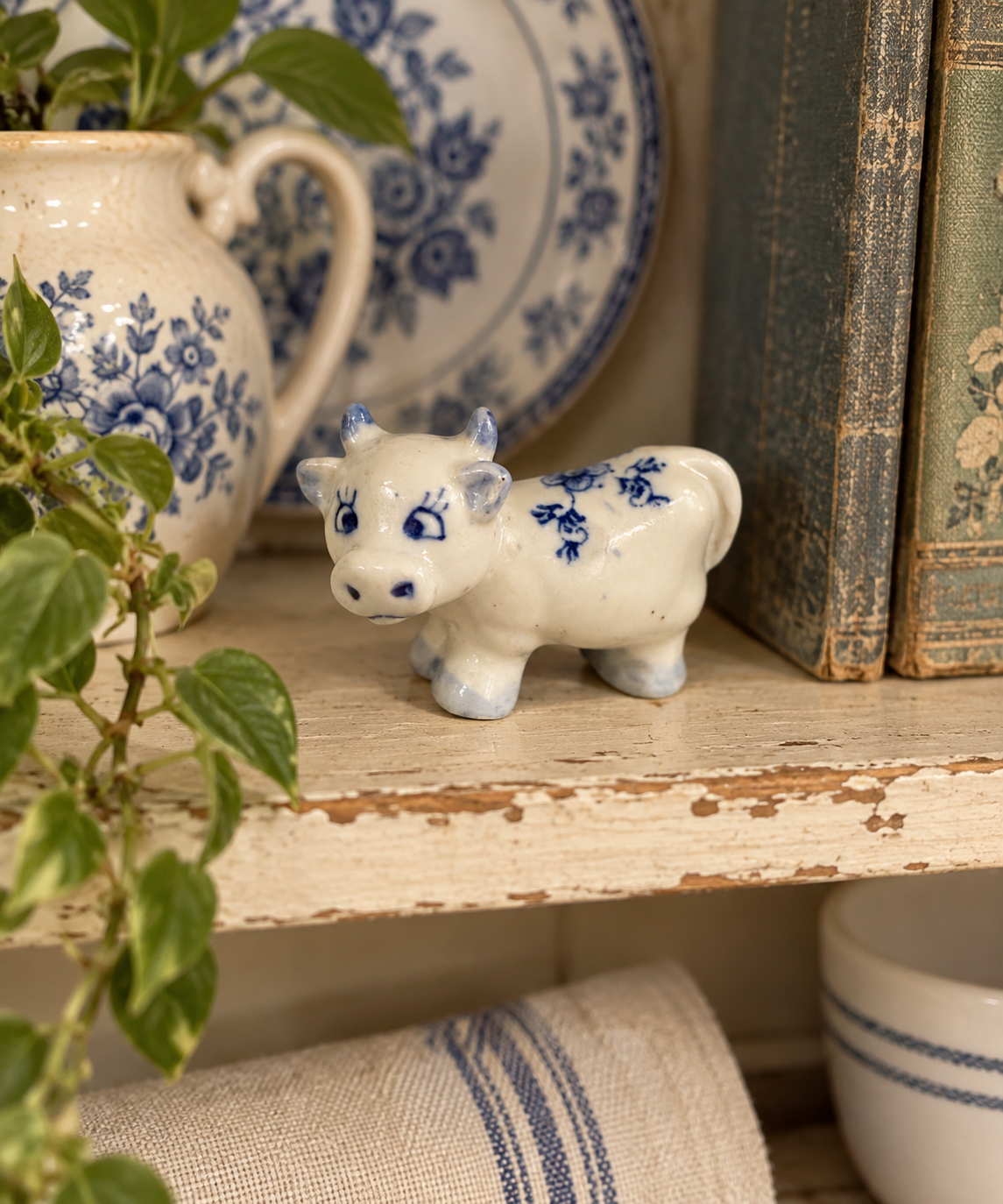 Delft Blue Style Vintage Ceramic Cow Figurine – Blue & White Miniature Floral Ceramic Cow Figurine