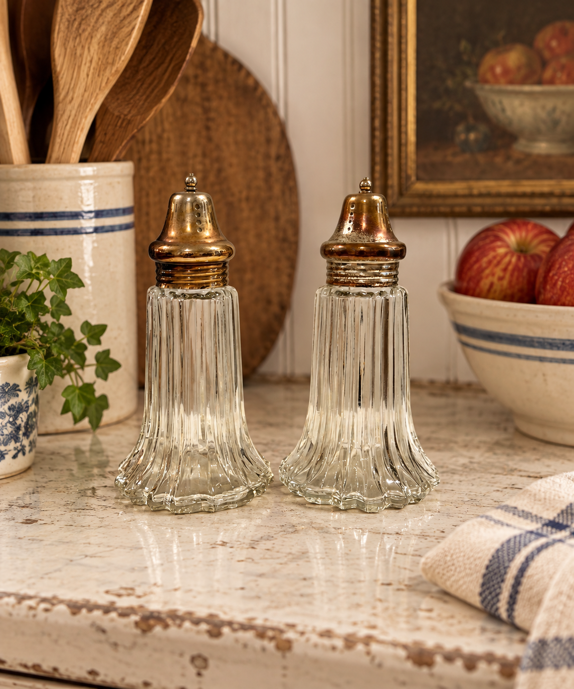Leonard Crystal Vintage Salt & Pepper Shakers | Silver Plate & Pressed Crystal | Japan