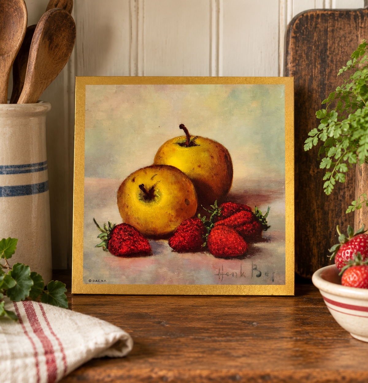 Vintage Henk Bos Still Life Wall Plaque – Donald Art Co. Apples & Strawberries – 8” x 8”