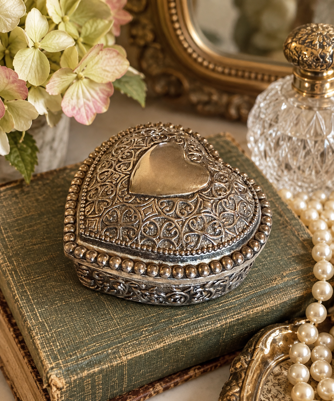 Silver-Plated Vintage Heart Trinket Box with Velvet Lining
