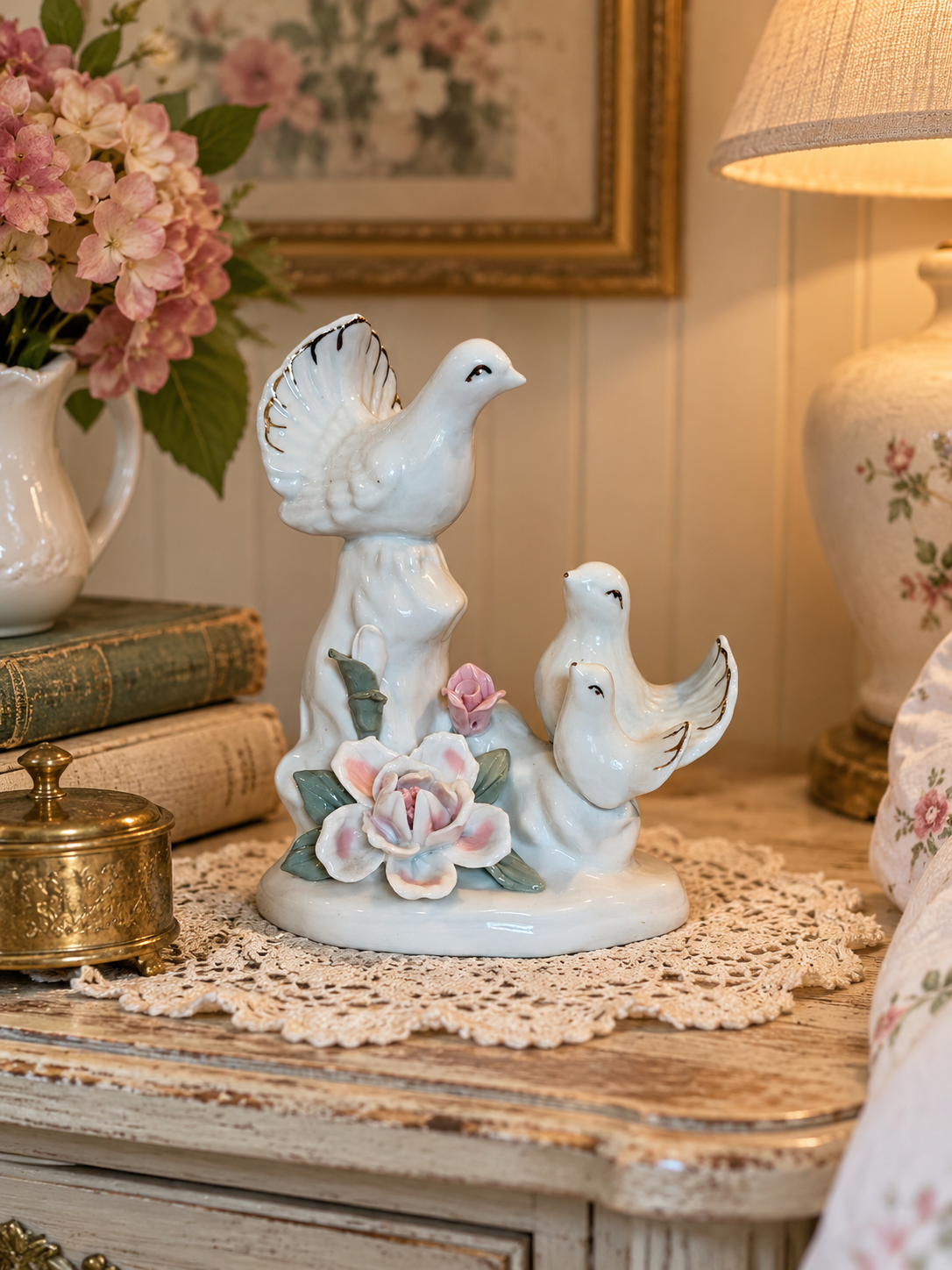 Porcelain Vintage Dove Family Figurine with Applied Flowers & Gold Accents