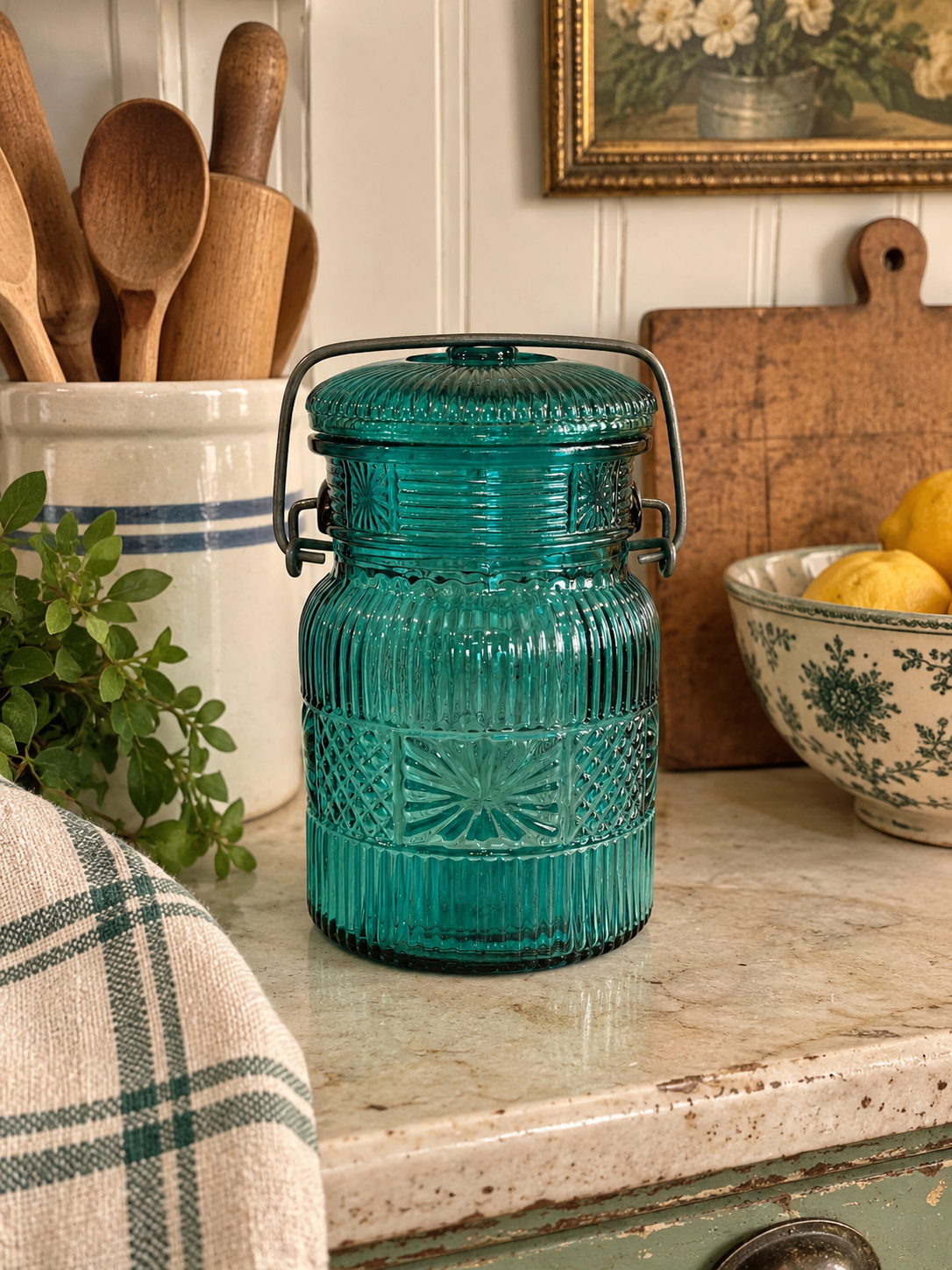 Avon Teal Glass Mason Jar Canister – Vintage 1970s Bail Lid Jar
