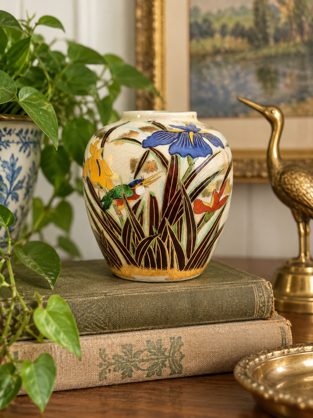 Toyo Japanese Vintage Porcelain Kingfisher & Iris Vase – Crackle Glaze with Gold Accents - 4.5”