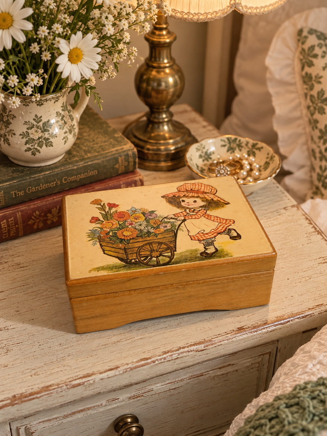 1970s Wooden Holly Hobby Style Jewelry Box | Retro Floral Girl & Pink Velvet Interior