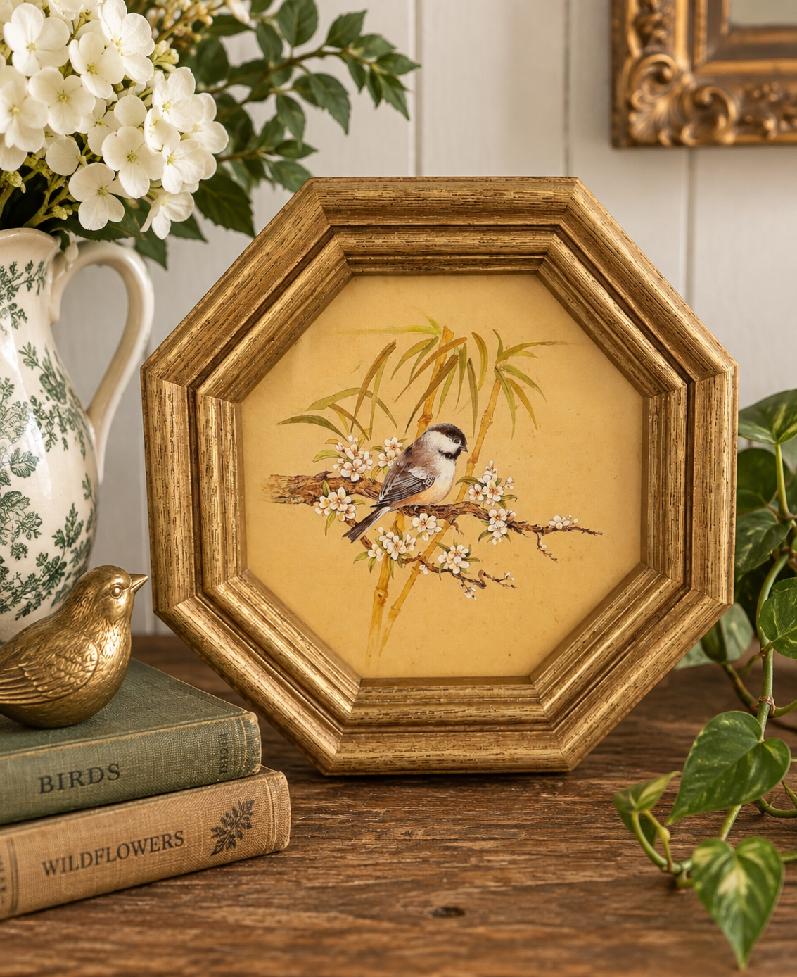 HOMCO Chickadee Wall Art | Octagonal Faux Wood Frame | 1980s Home Interiors Bird Print