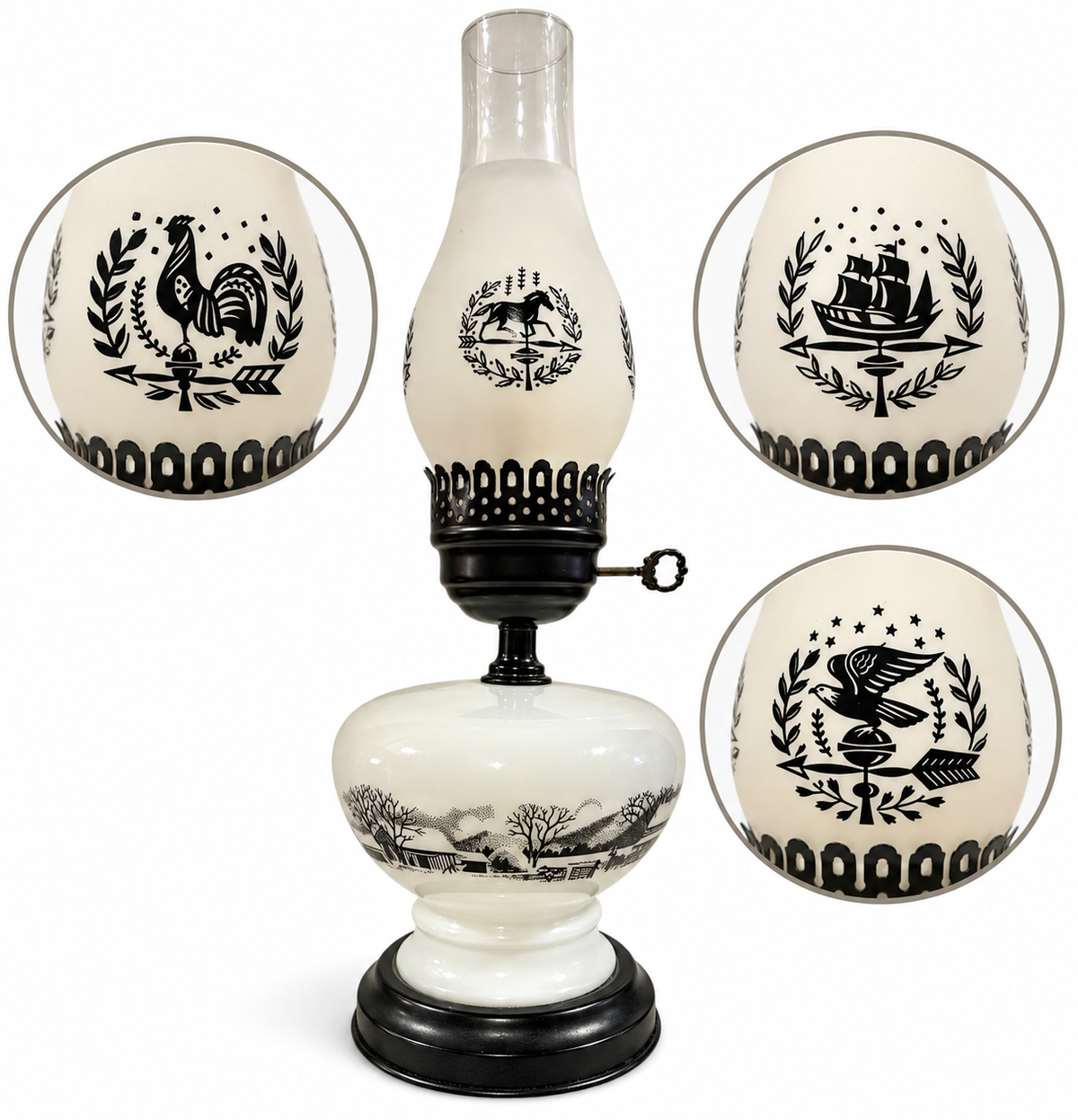 Currier & Ives Vintage Milk Glass Electric Lamp – Black & White Homestead Scene – 17”