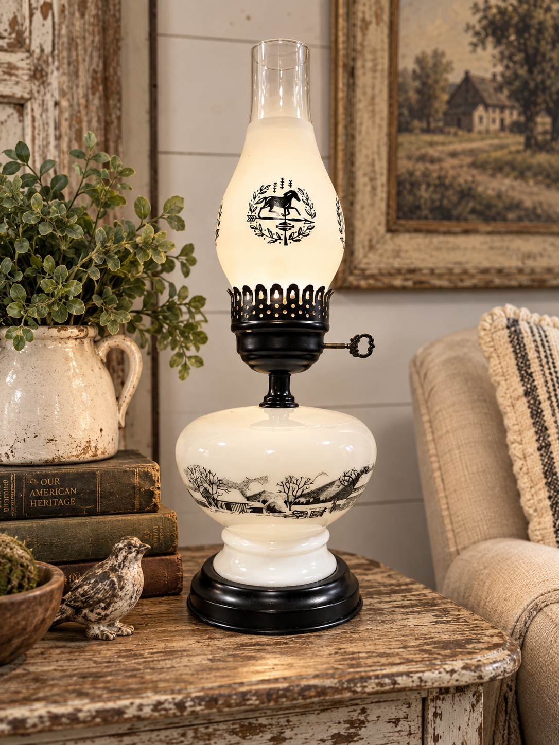 Currier & Ives Vintage Milk Glass Electric Lamp – Black & White Homestead Scene – 17”