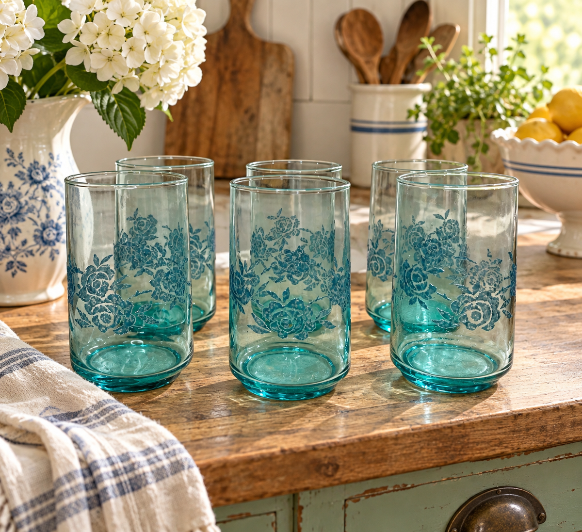 Set of 6 Vintage Aqua Blue Glass Tumblers with Raised Blue Rose Garland