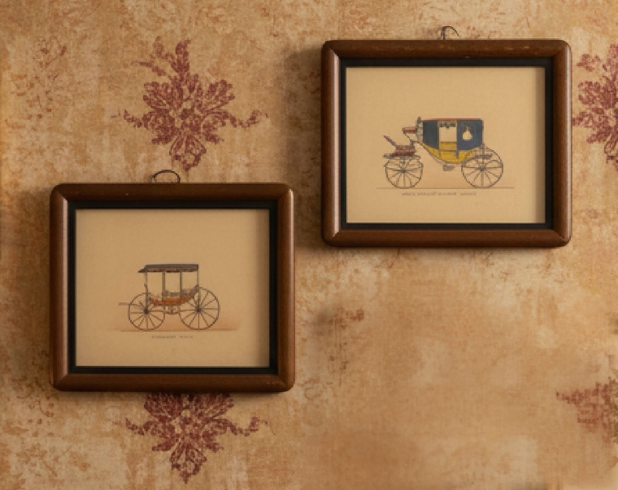 Pair of Vintage Horse-Drawn Carriage Prints – “Scroll-Arched Caleche Coach” & “Light Rockaway” – Mid-Century Autoprints