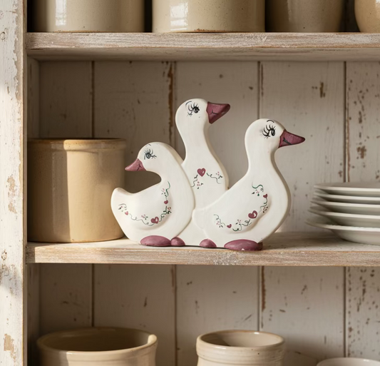 Vintage Hand-Painted Ceramic Goose Figurine | Cottagecore Ducks with Hearts & Vines