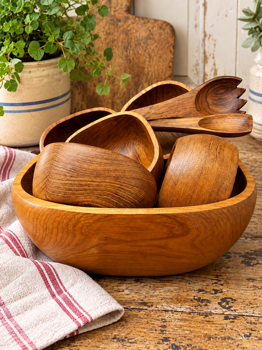 Mid-Century Vintage Goodwood Genuine Teak Salad Bowl Set - 9 Piece Handcrafted Set (Thailand)