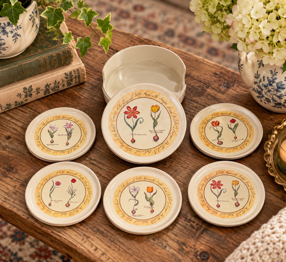 Cloverleaf Botanical “Tulip Bulbs” Vintage Melamine Coaster Set (5) With Case – Made in England