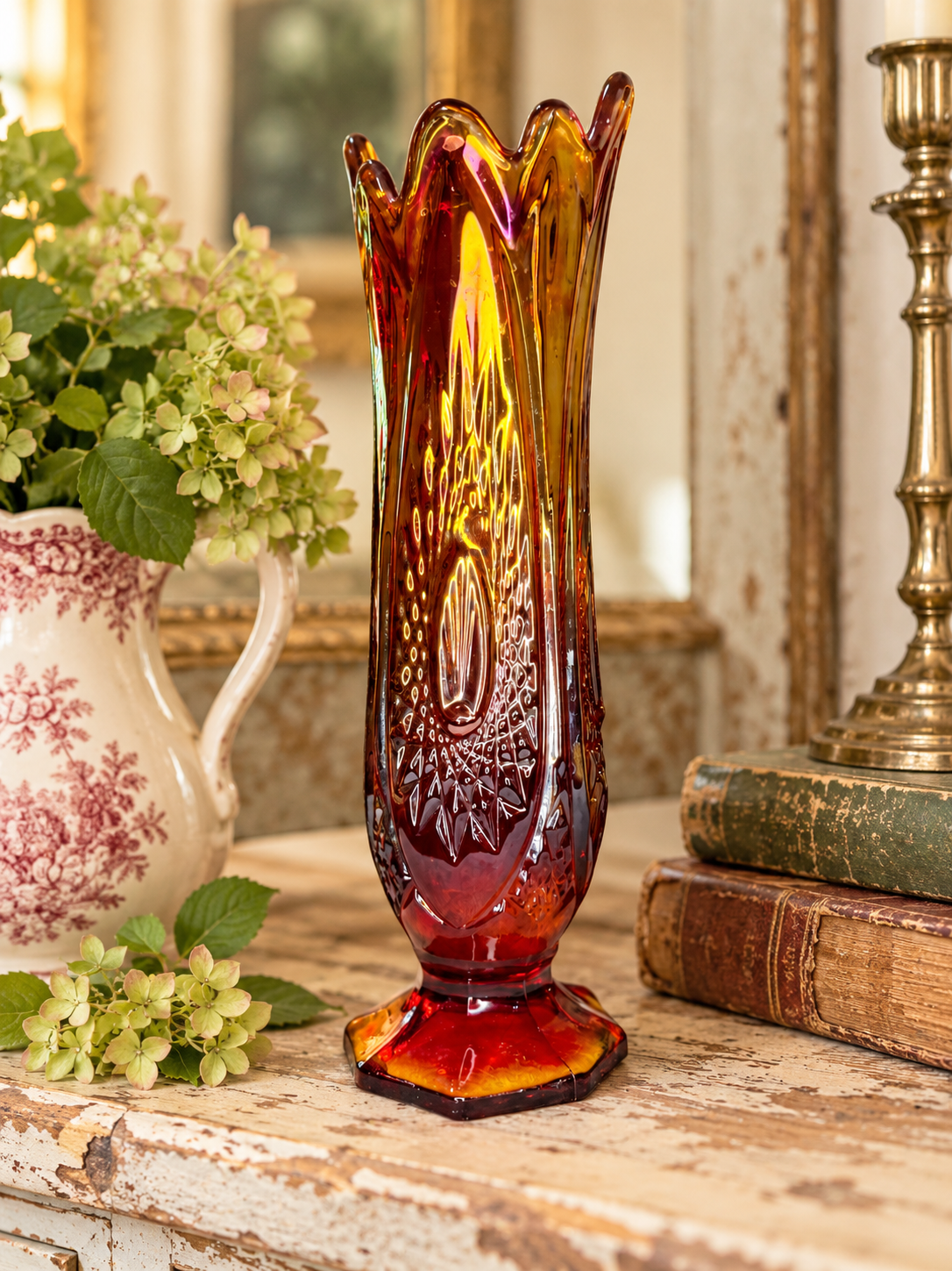 Indiana Glass Vintage Sunburst Amberina Swung Vase – 11” Red & Amber Glass