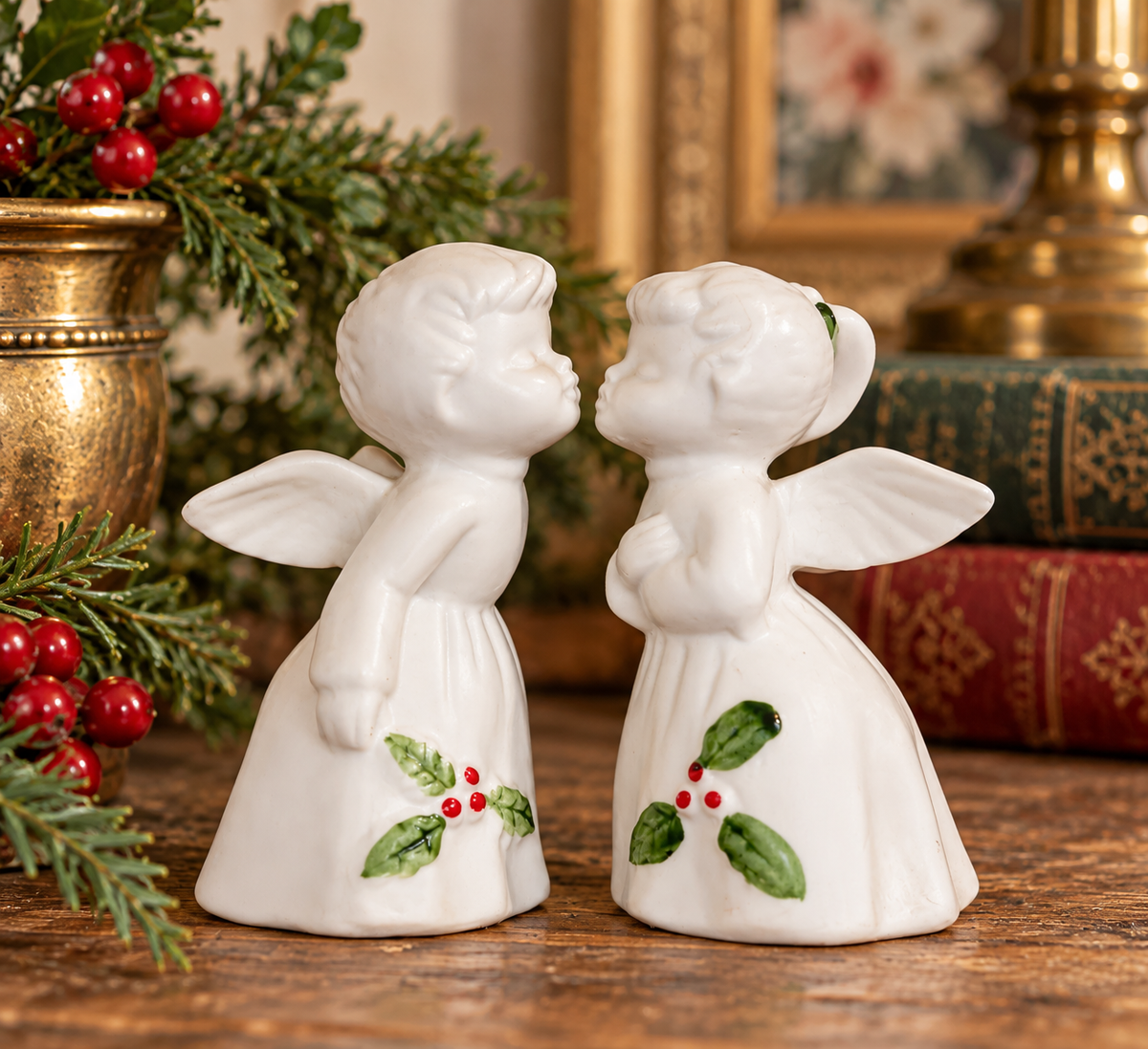 Enesco Kissing Angel Figurines – Set of 2 Vintage Bisque Porcelain Christmas Angels - 3.25”