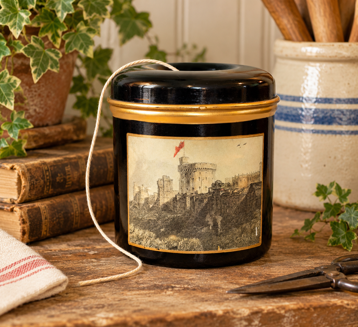 Lady Clare Windsor Castle String Dispenser – Vintage English Lacquered Tin Twine Holder - 1960s–1970s