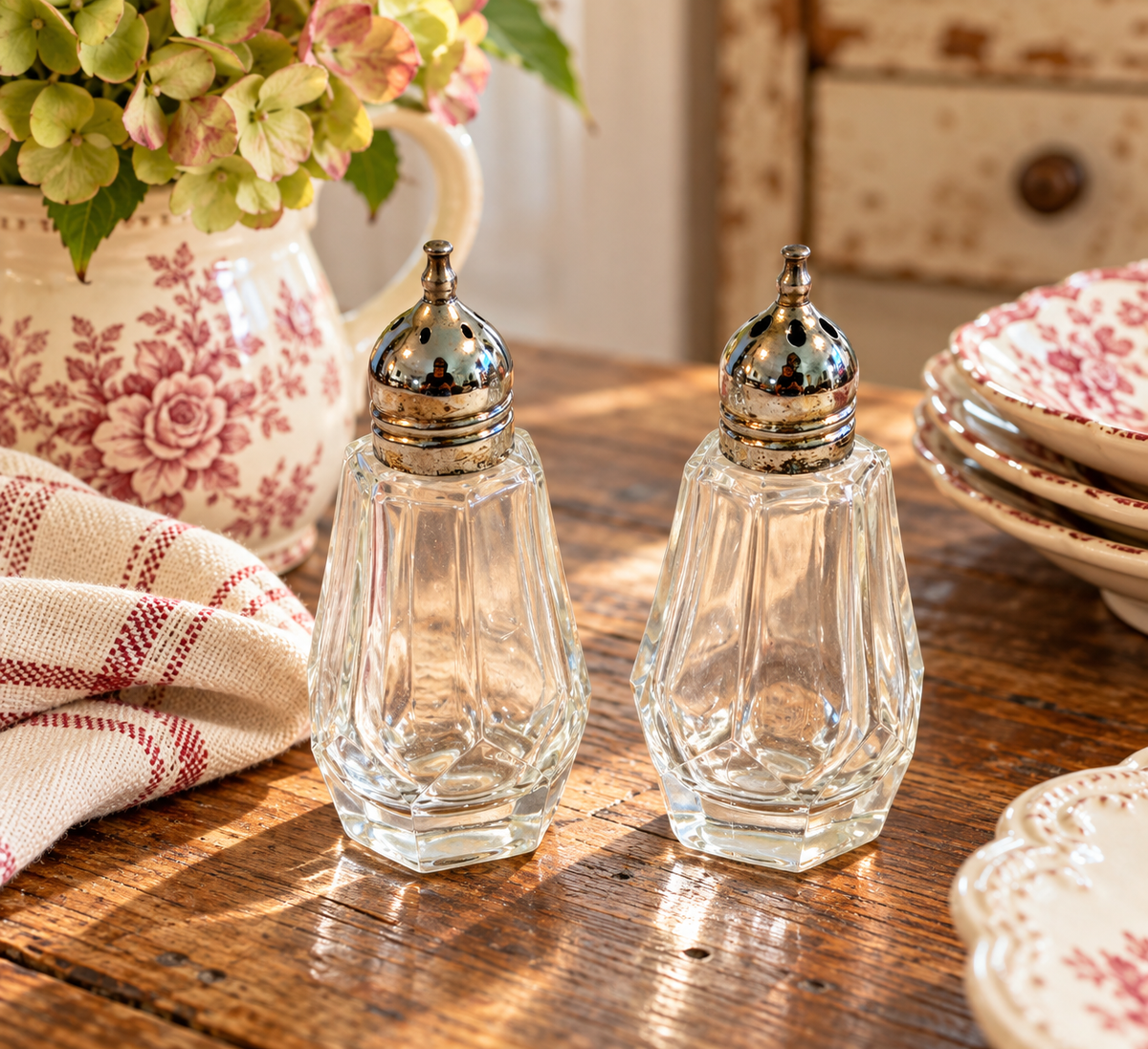 F.B. Rogers Crystal Salt & Pepper Shakers – Silver Plate Tops | Made in Japan
