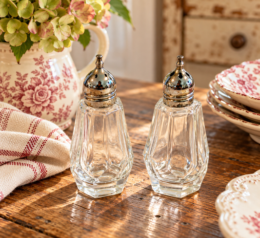 F.B. Rogers Crystal Salt & Pepper Shakers – Silver Plate Tops | Made in Japan