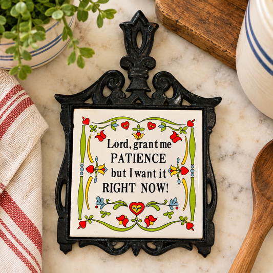 Cast Iron & Ceramic Tile Trivet – Folk Art “Patience” Quote Wall Decor
