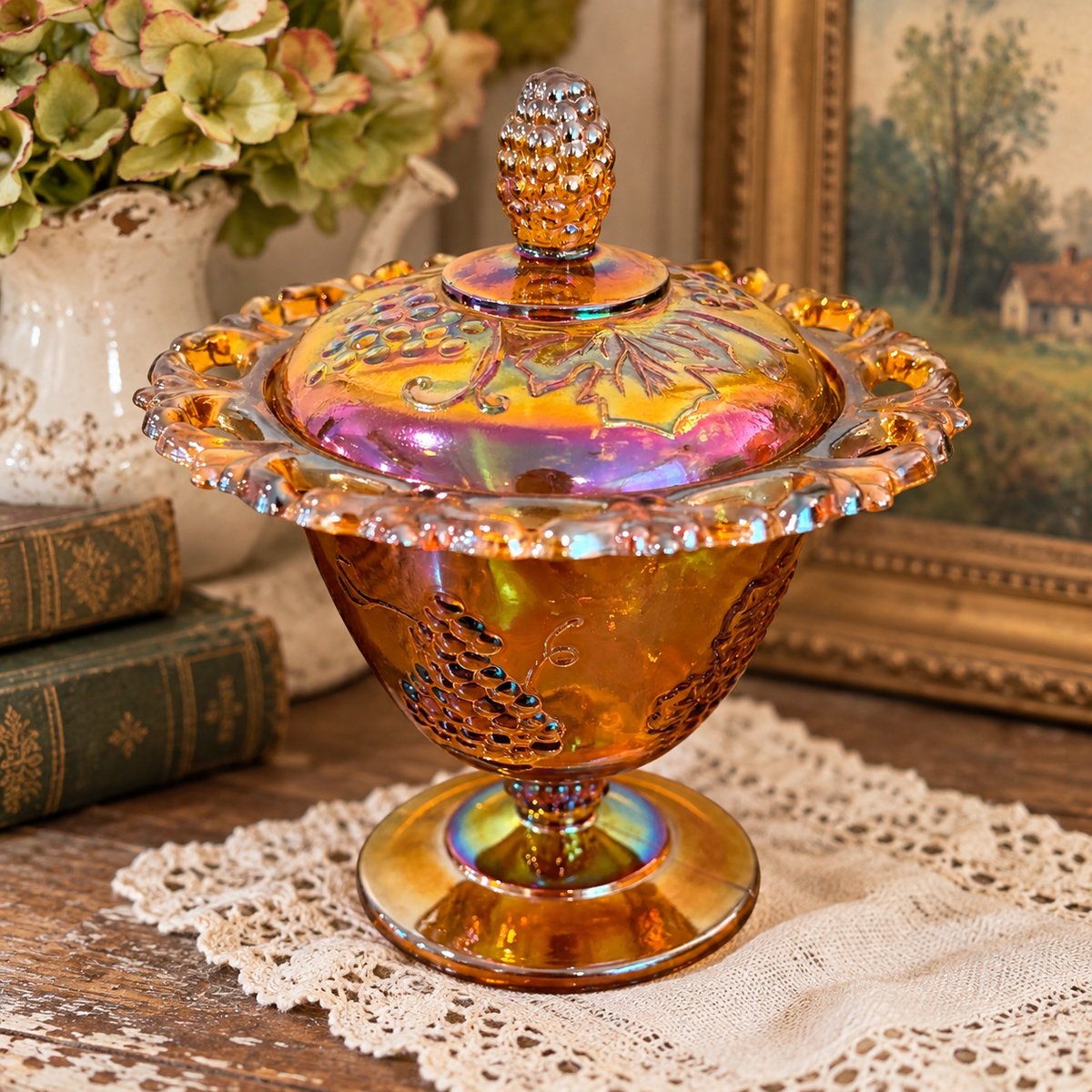 Indiana Glass Vintage Harvest Grape Carnival Glass Candy Dish with Lid – Marigold Iridescent Pedestal Bowl