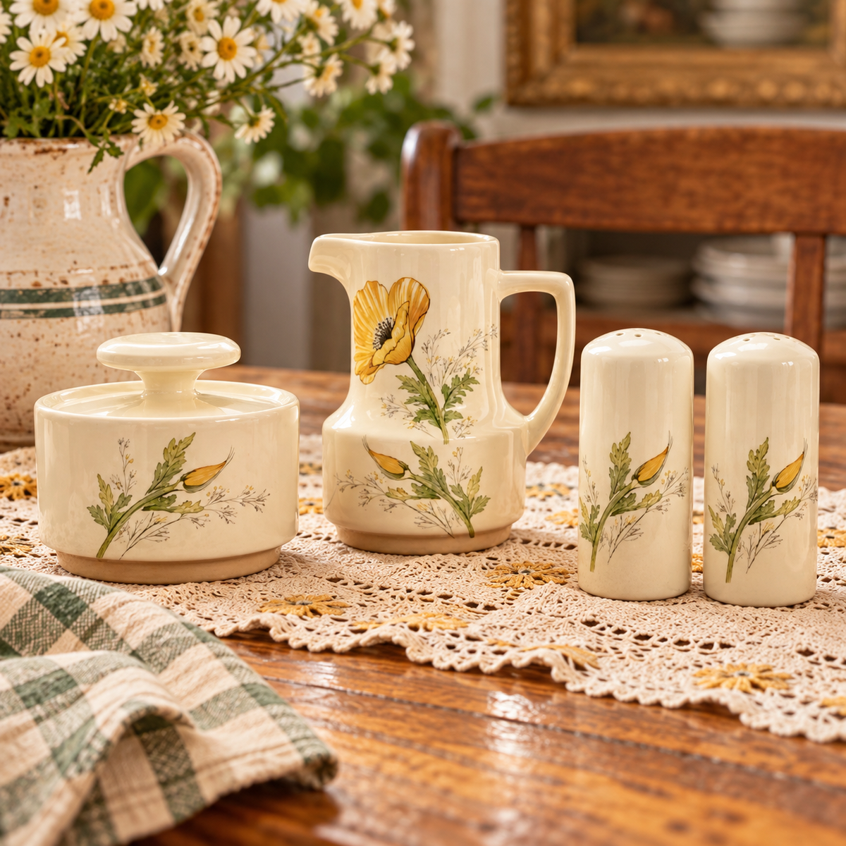 Noritake Craftone Buttercup Vintage(8769) Sugar Bowl, Creamer & Salt + Pepper Shaker Set | Made in Japan | 1970s