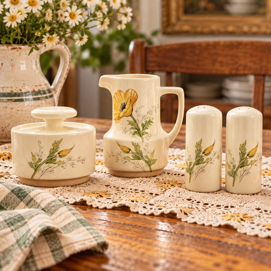 Noritake Craftone Buttercup Vintage(8769) Sugar Bowl, Creamer & Salt + Pepper Shaker Set | Made in Japan | 1970s