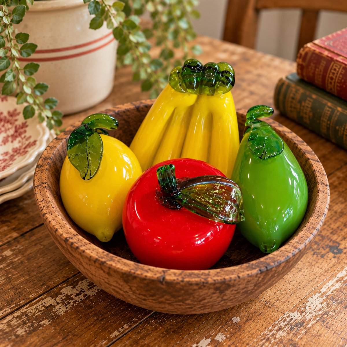 Murano-Style Hand-Blown Glass Fruit Set – Apple, Lemon, Bananas & Pear | Set of 4