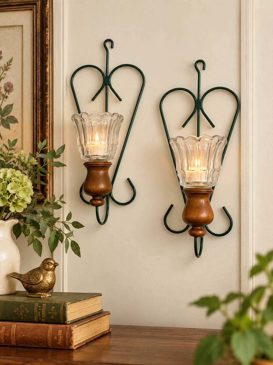 Heart-Shaped Green Wall Candle Sconces – Vintage Wood & Metal with Ruffled Glass Cups