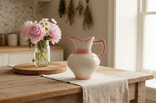 Vintage Ceramic Ewer Pitcher | White & Pink Glaze | 1980s Cottage Decor