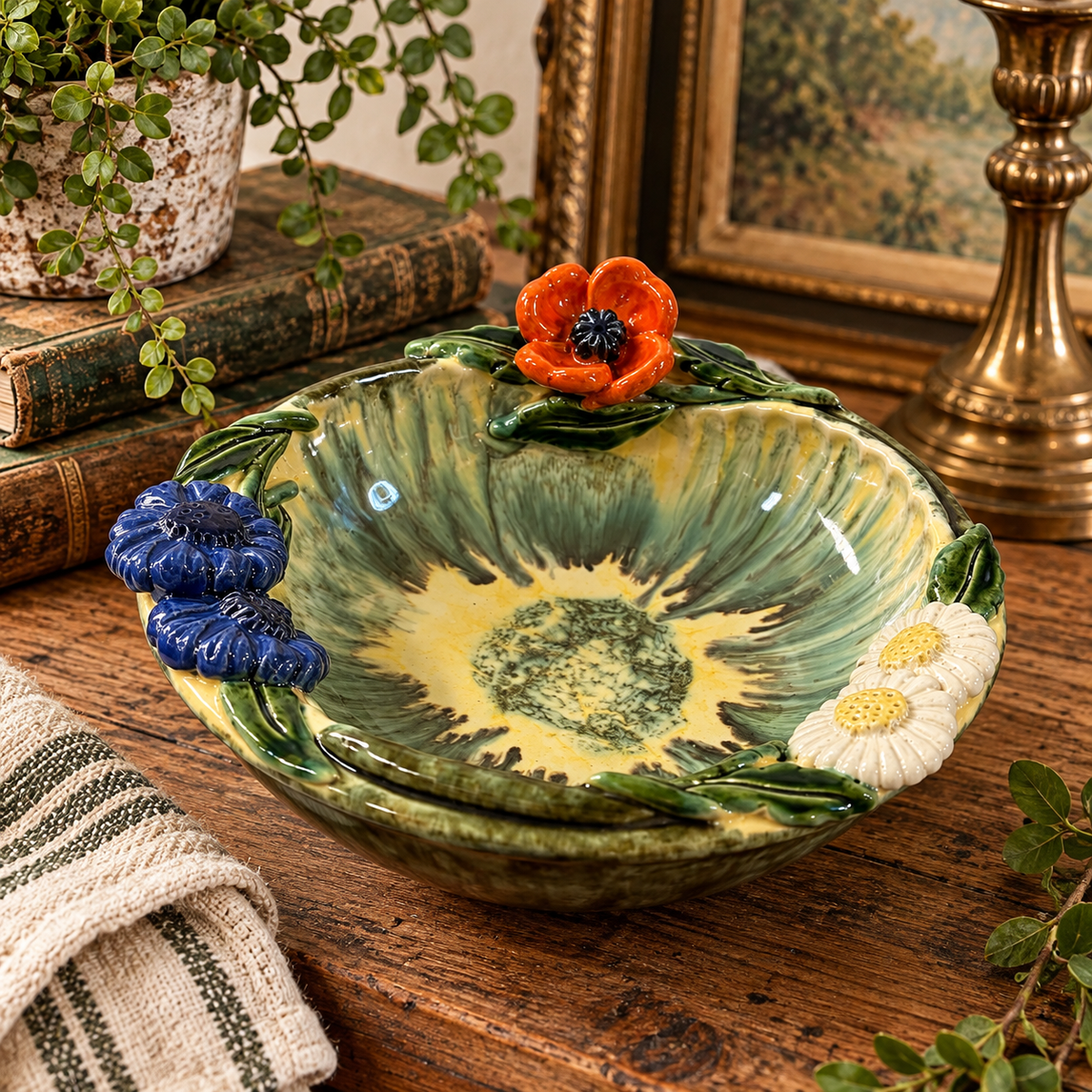 St. Peter Graz Austrian Majolica Vintage Floral Bowl – Hand-Painted Drip Glaze