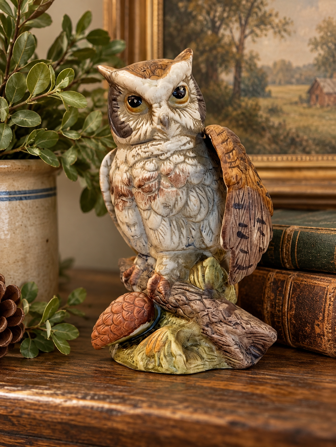 Great Horned Owl Figurine – Hand-Painted Ceramic Woodland Decor – 7”