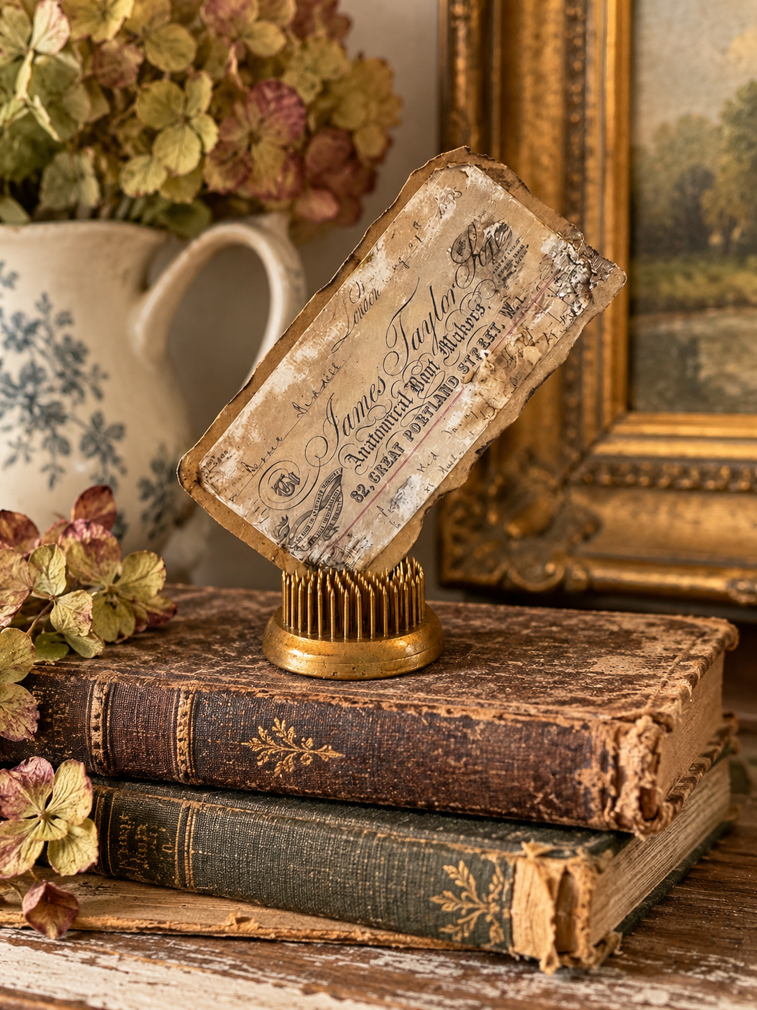 Gold-Tone Flower Frog with Vintage Architectural Trade Card - 2”