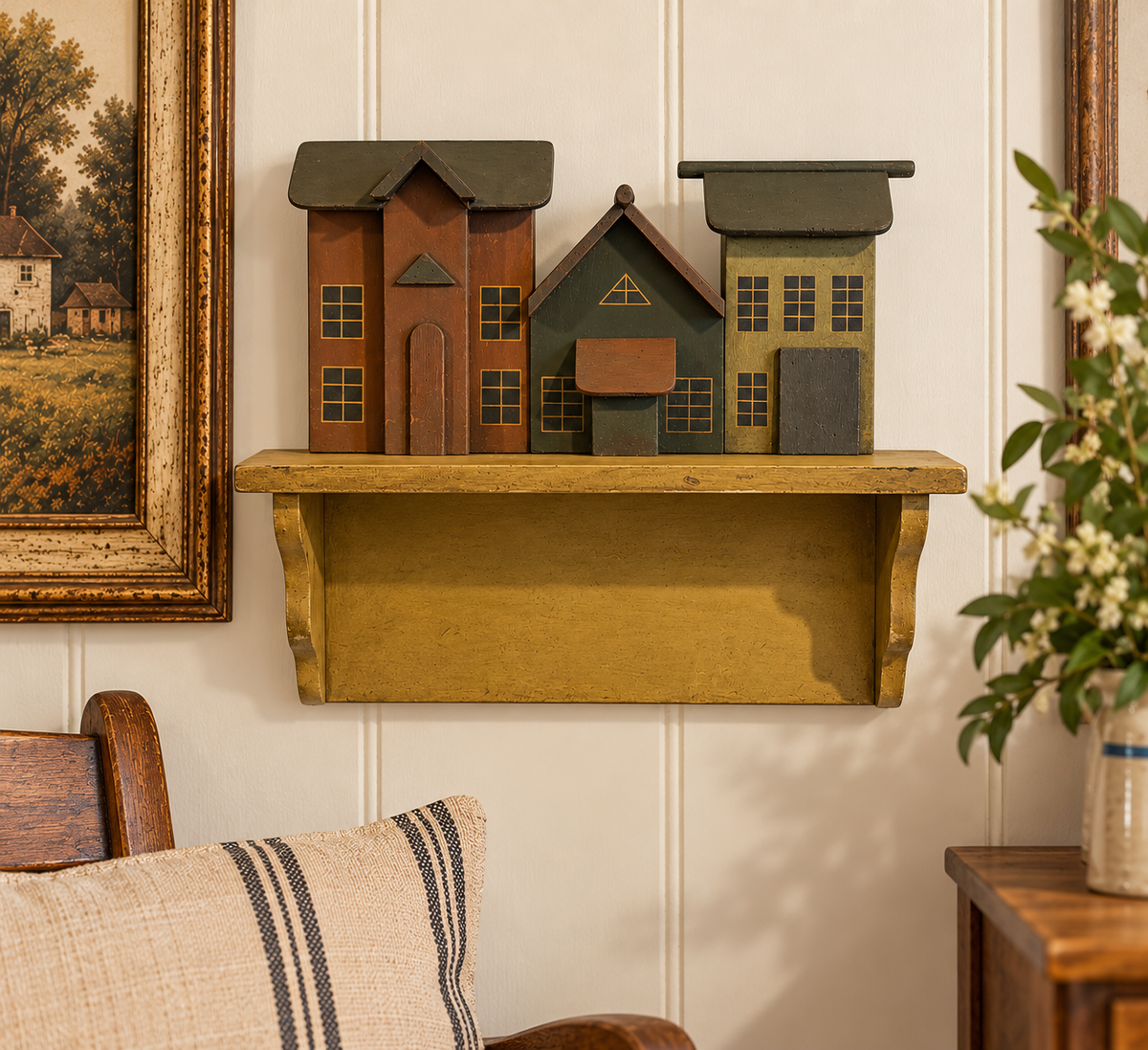 Blue Sky Folk Art Country Village Wooden Wall Shelf – Americana Decor