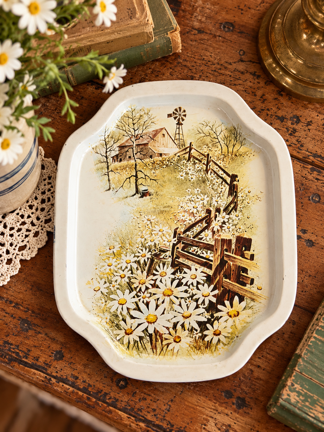 Lithographed Metal Tray – Vintage Farmhouse Countryside Scene
