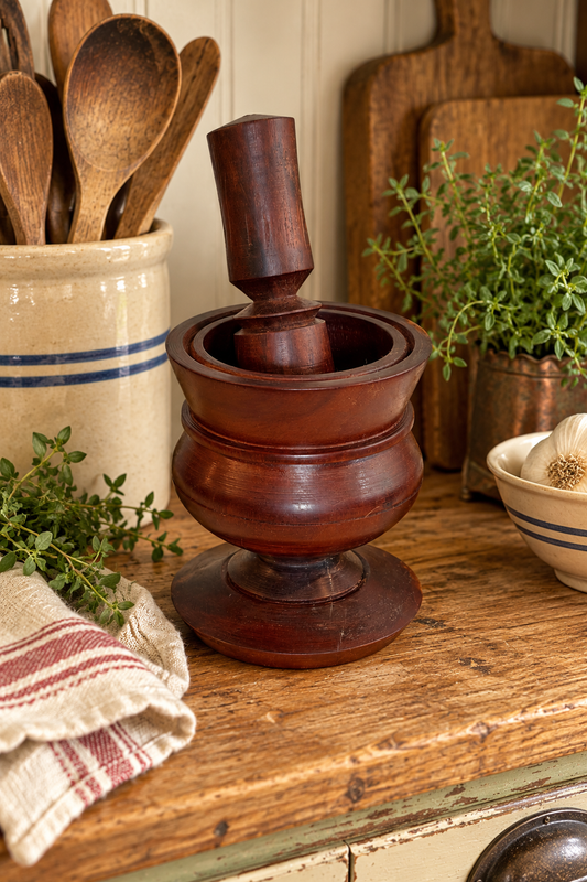 Mid-Century Heavy Solid Turned Wood Mortar & Pestle – Pedestal Base