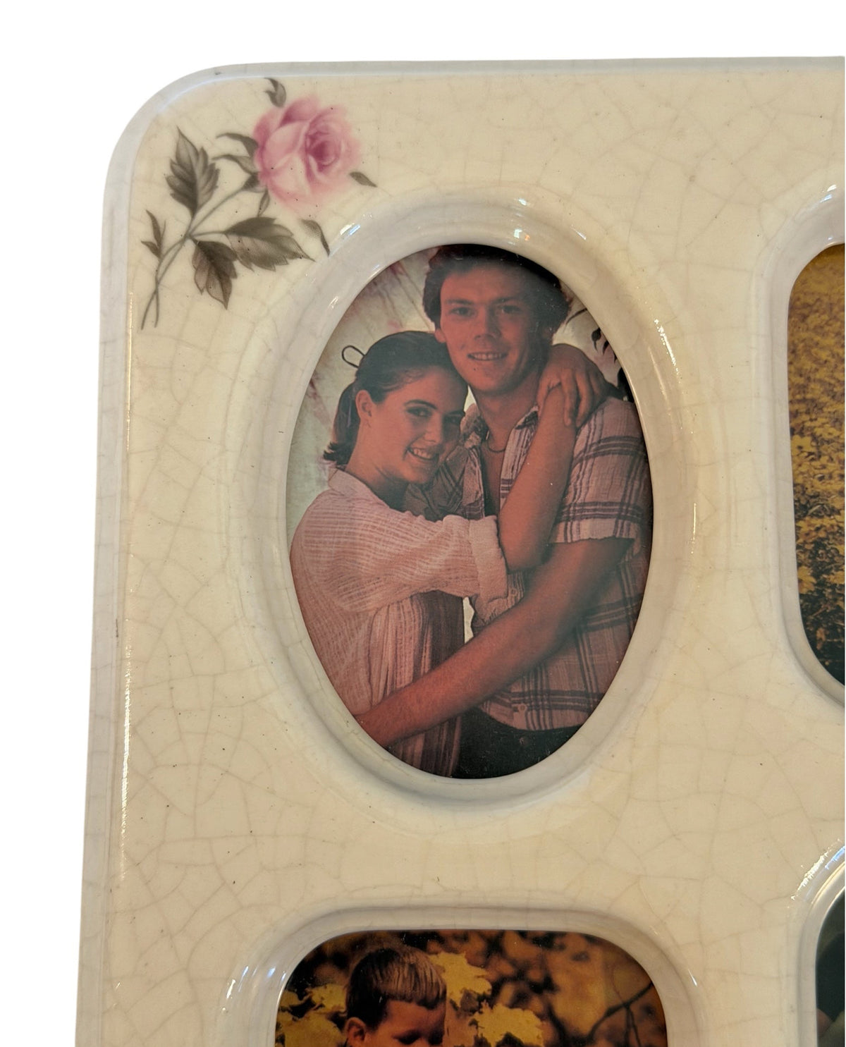 Burnes of Boston Ceramic 6-Photo Collage Frame – Vintage Crackle Glaze with Pink Roses
