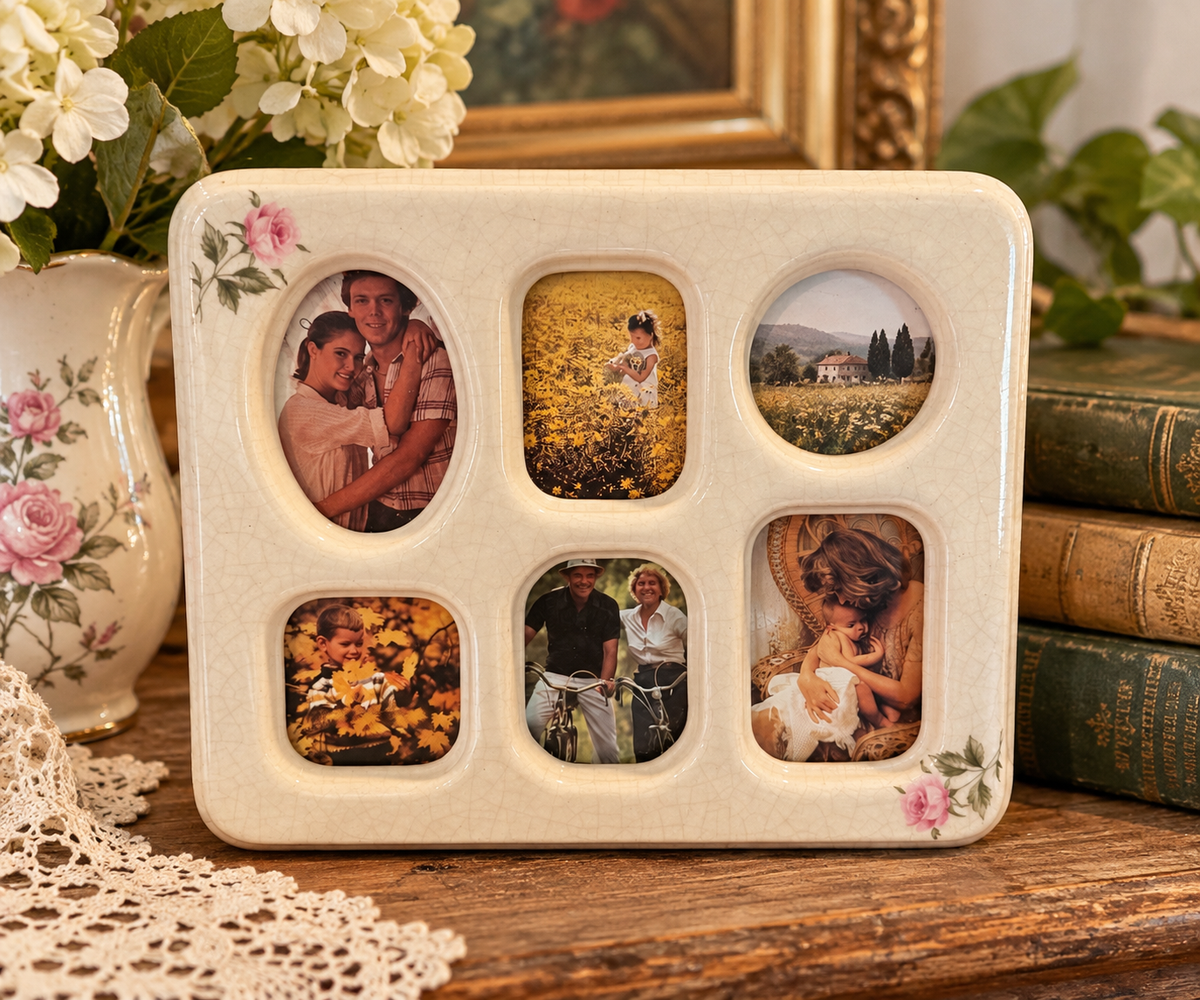 Burnes of Boston Ceramic 6-Photo Collage Frame – Vintage Crackle Glaze with Pink Roses