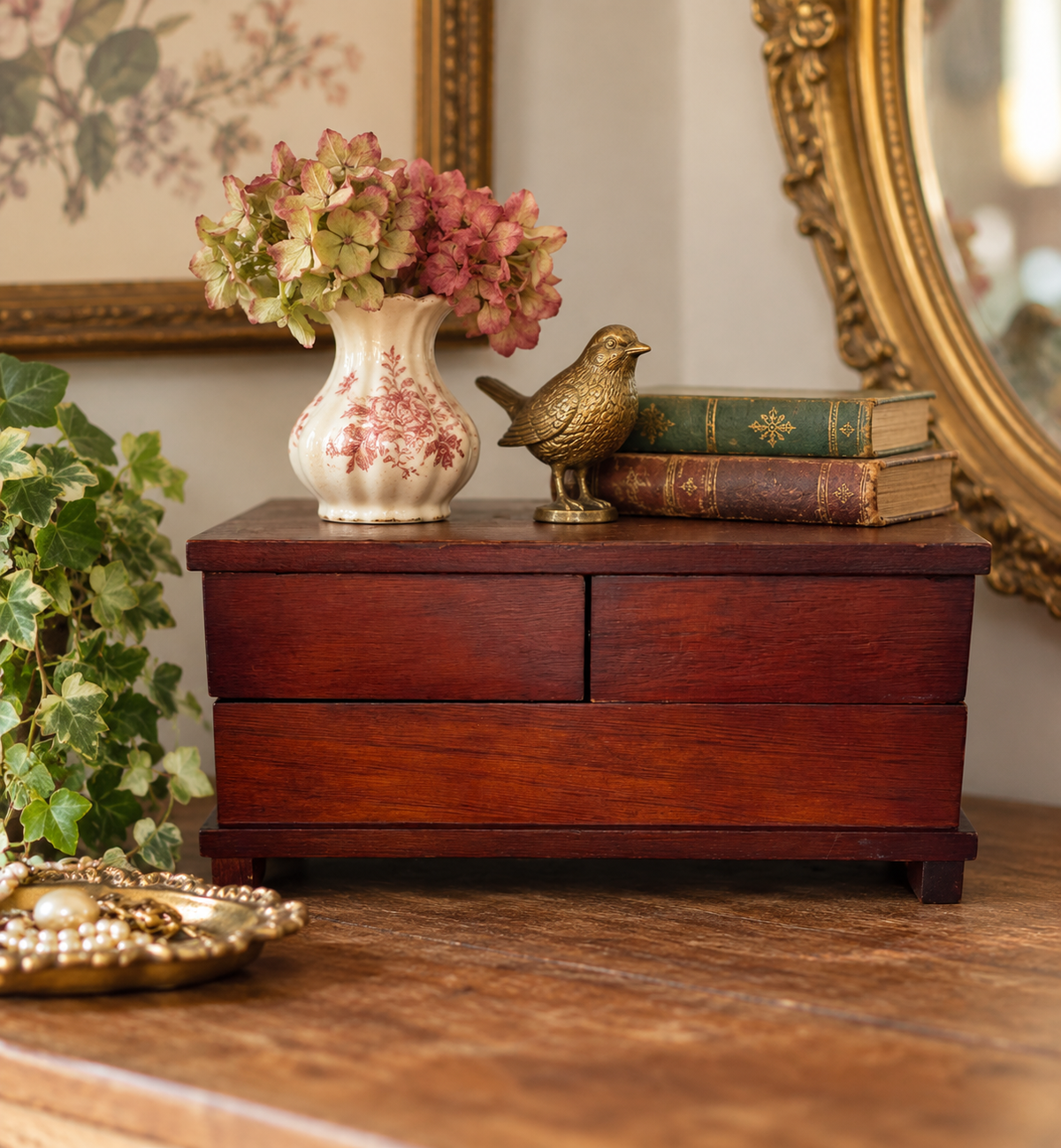 Vintage Cherry-Tone Wooden Jewelry Box with Swing-Out Compartments - Riser