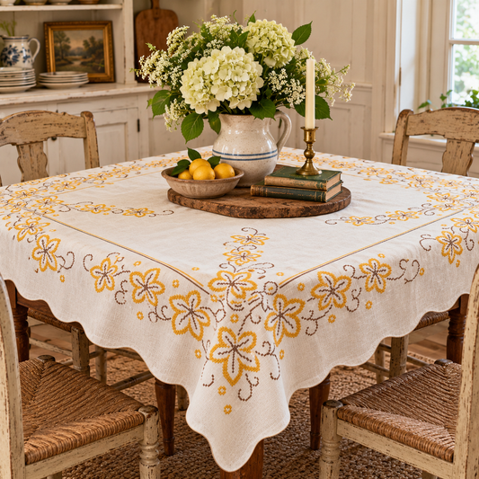 Square Off White Linen Table Topper – Yellow & Brown Cross-Stitch Floral Embroidery – 48”