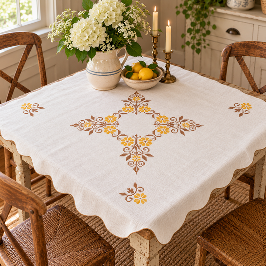 Square Linen Table Topper – Yellow & Brown Cross-Stitch Floral Design – 40”