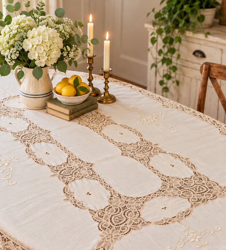 Oval Lace Tablecloth – Ivory Floral Embroidery & Intricate Lace Insets – 90” x 60”