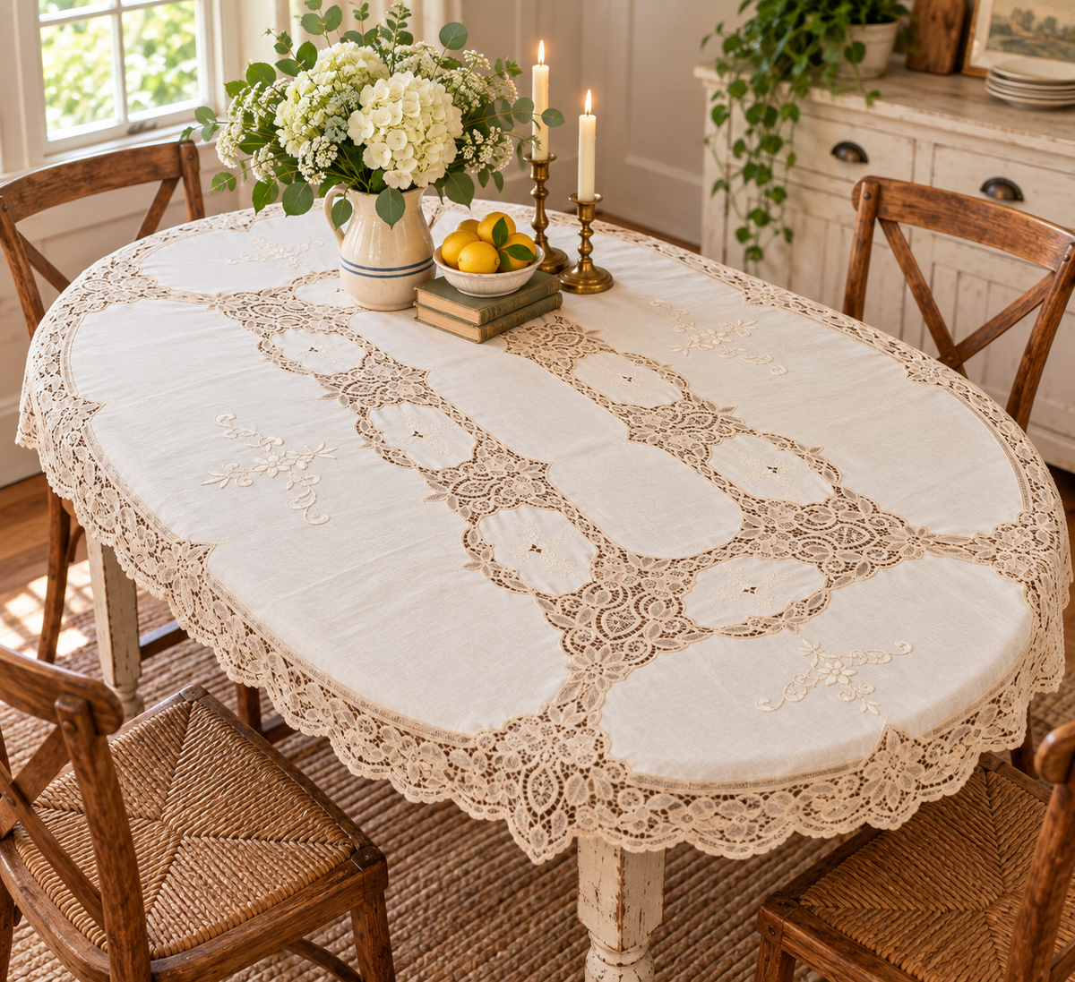 Oval Lace Tablecloth – Ivory Floral Embroidery & Intricate Lace Insets – 90” x 60”