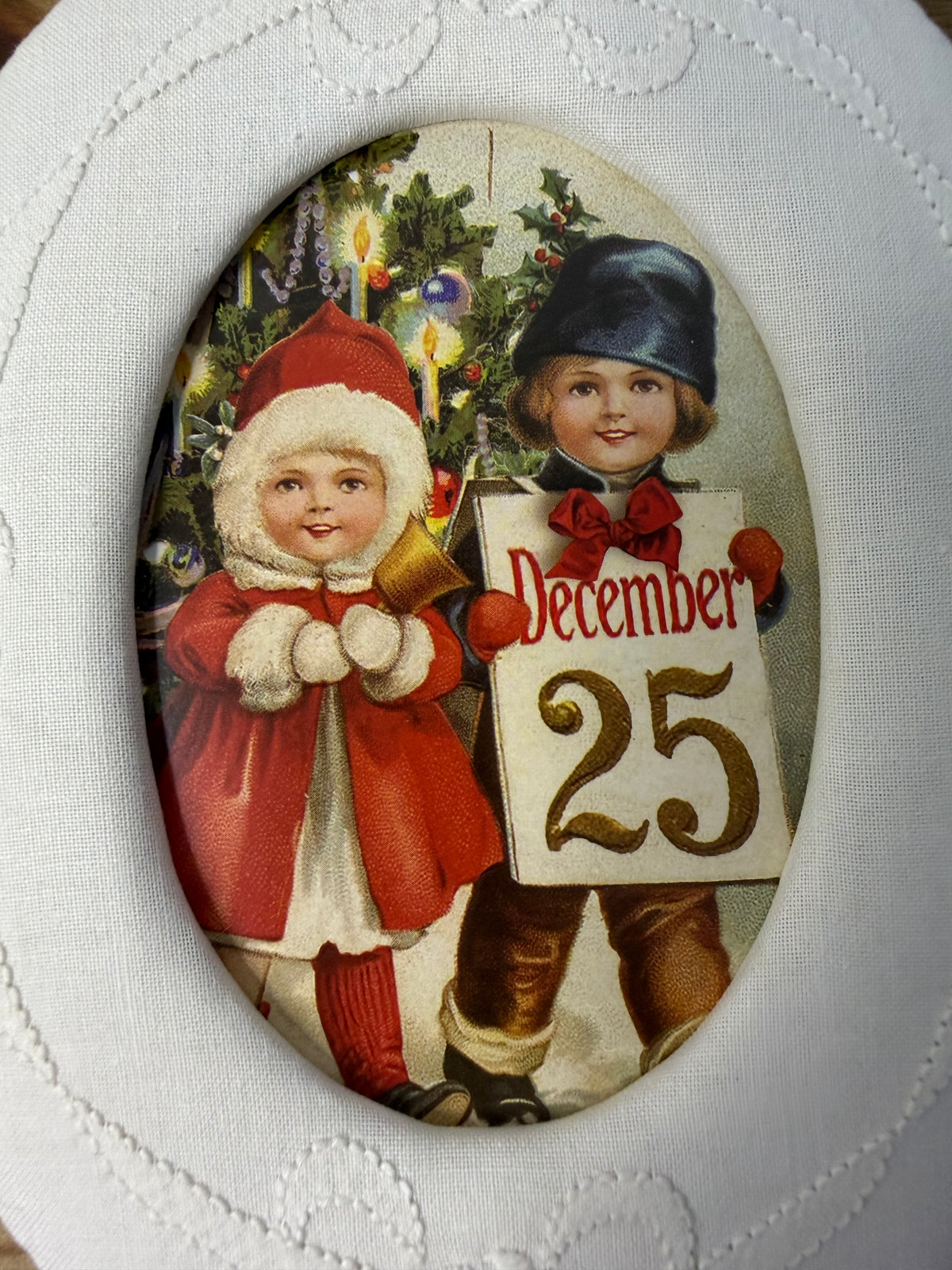 Victorian Christmas Children Oval Fabric Frame | Flea & Frame Creation - 7.5”