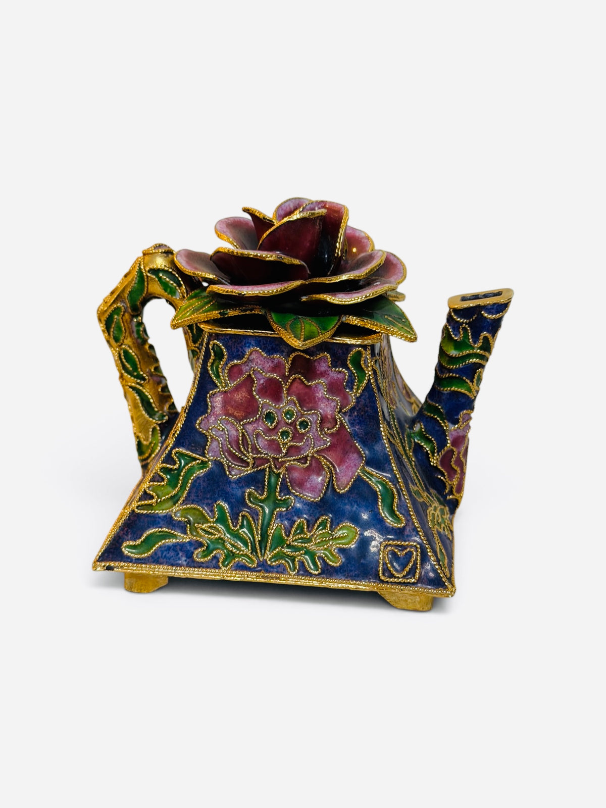 Cloisonné Vintage Enamel Teapot Trinket Box – Sculpted Rose Lid & Gold Accents