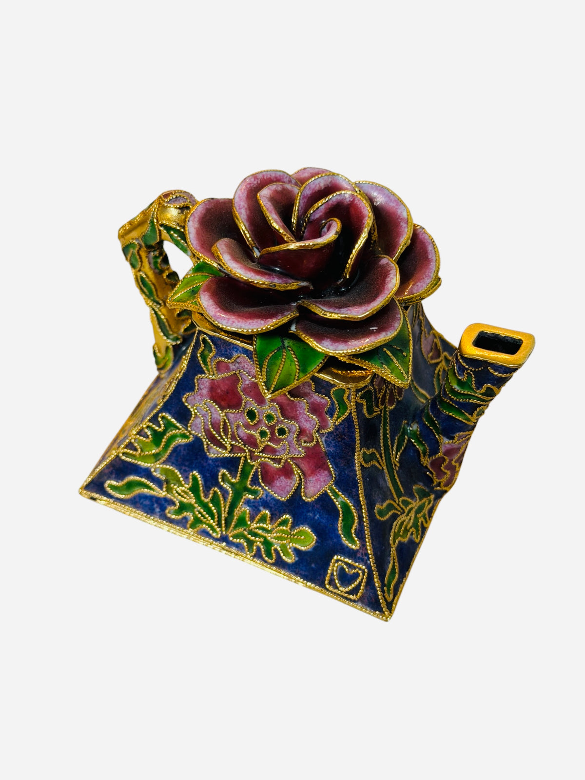 Cloisonné Vintage Enamel Teapot Trinket Box – Sculpted Rose Lid & Gold Accents