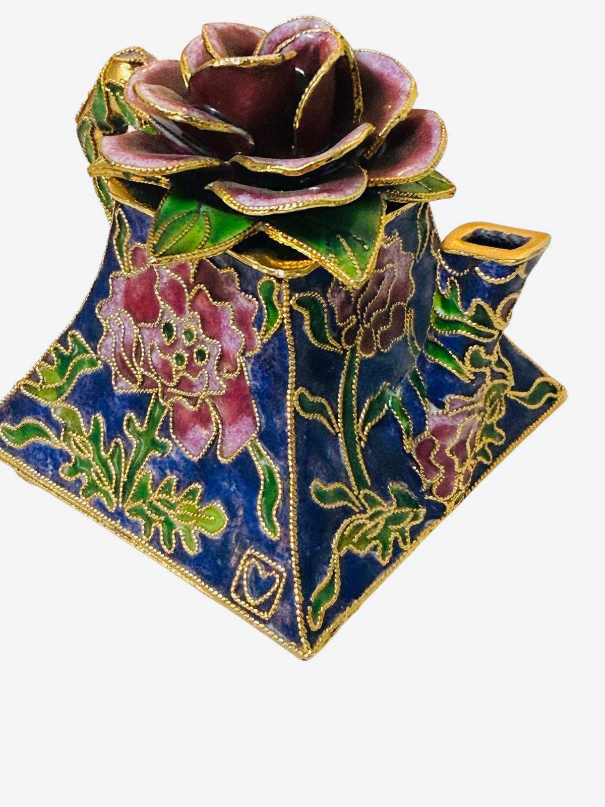 Cloisonné Vintage Enamel Teapot Trinket Box – Sculpted Rose Lid & Gold Accents