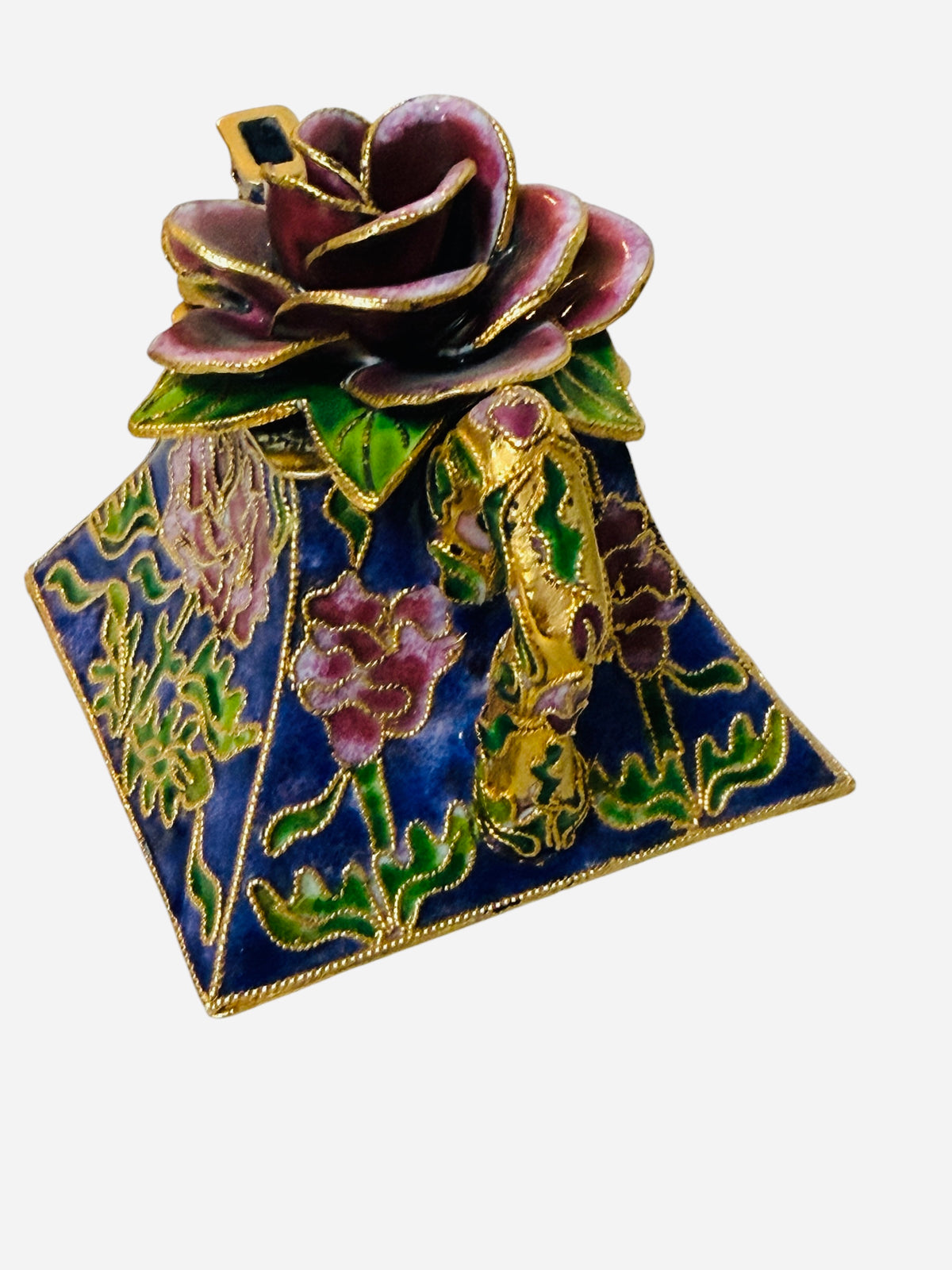 Cloisonné Vintage Enamel Teapot Trinket Box – Sculpted Rose Lid & Gold Accents