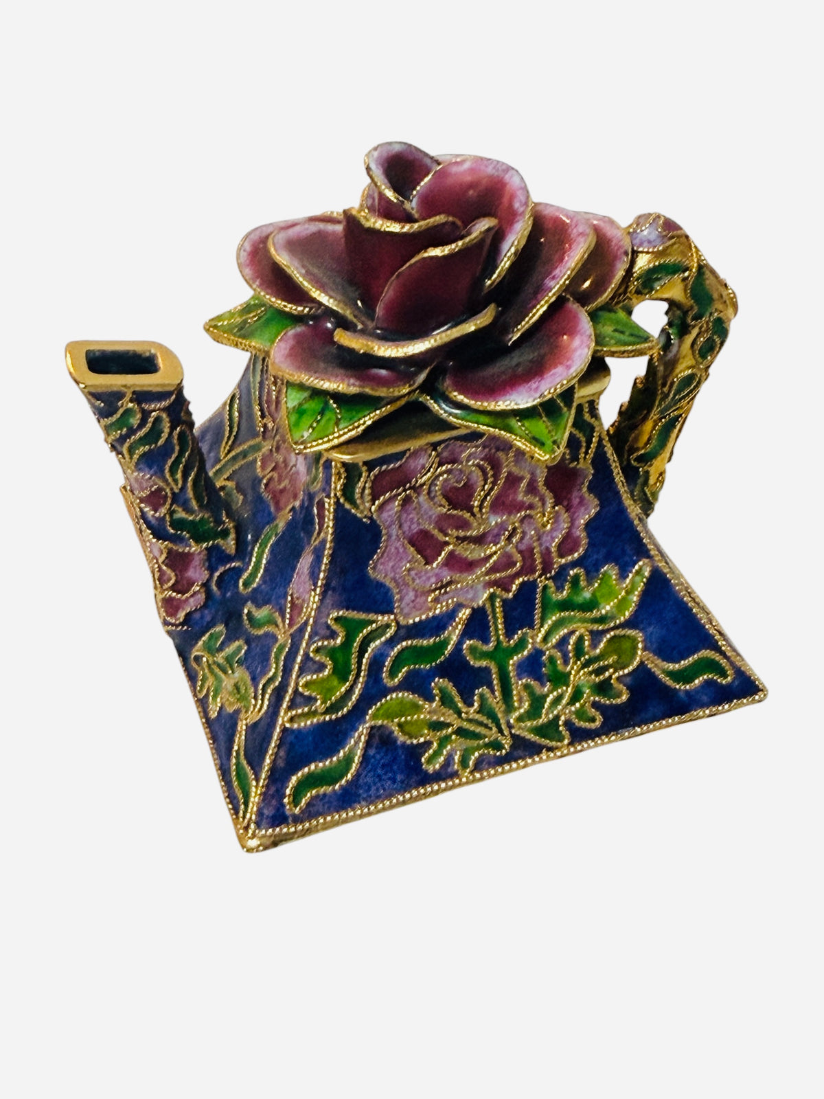 Cloisonné Vintage Enamel Teapot Trinket Box – Sculpted Rose Lid & Gold Accents
