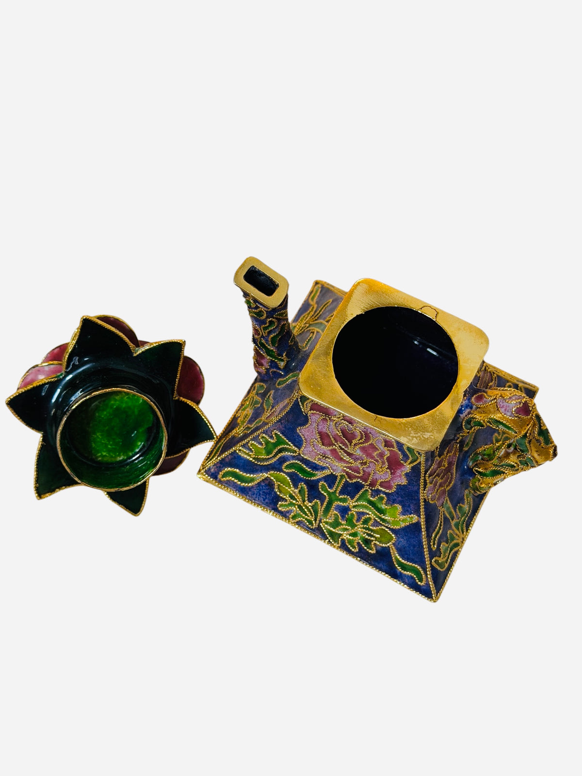 Cloisonné Vintage Enamel Teapot Trinket Box – Sculpted Rose Lid & Gold Accents