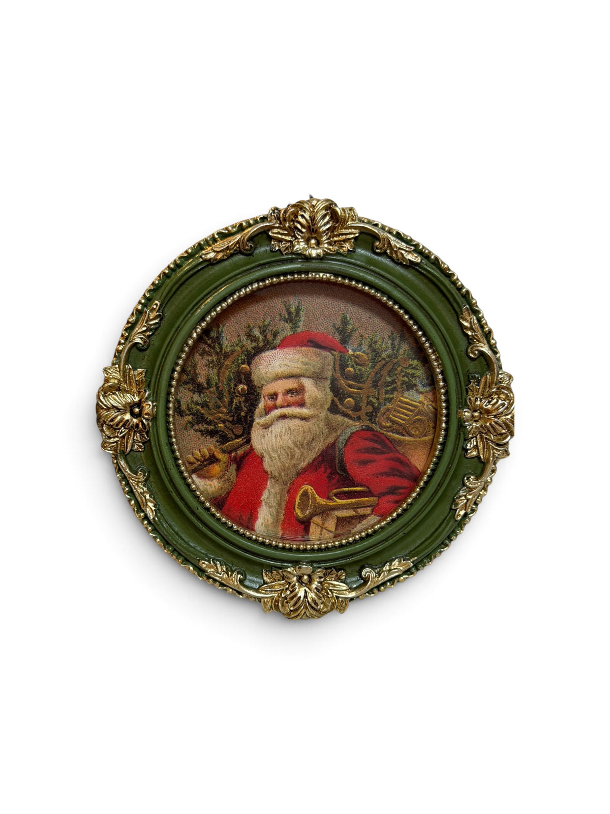 Vintage-Style Santa Postcard Art in Ornate Green & Gold Frame – 3” | Flea & Frame Creation
