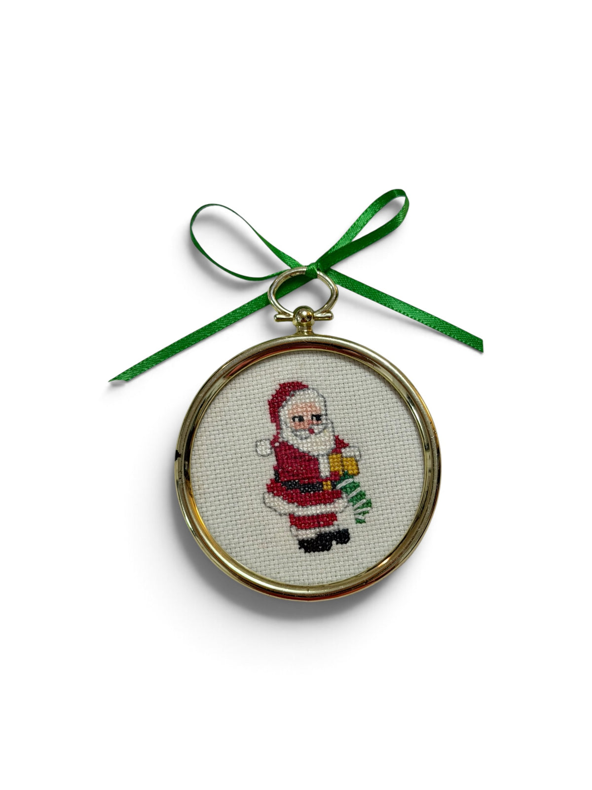 Handmade Vintage Santa Claus Cross-Stitch Christmas Ornament – Gold Frame, 3”